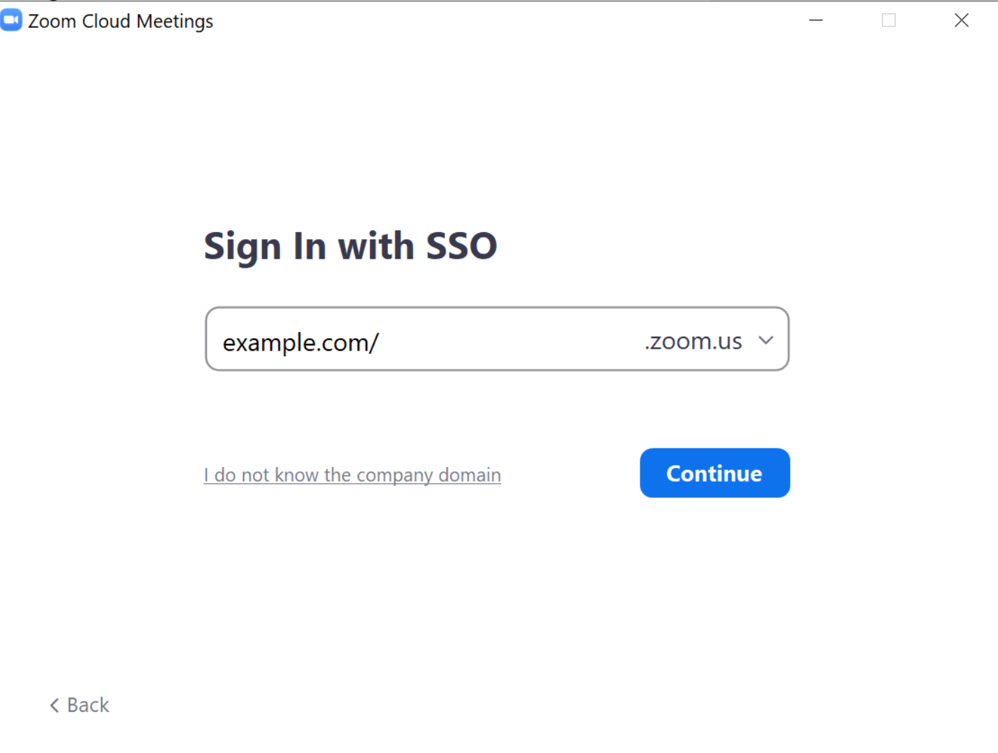 Zoom SSO sign in page with "example.com/" in box